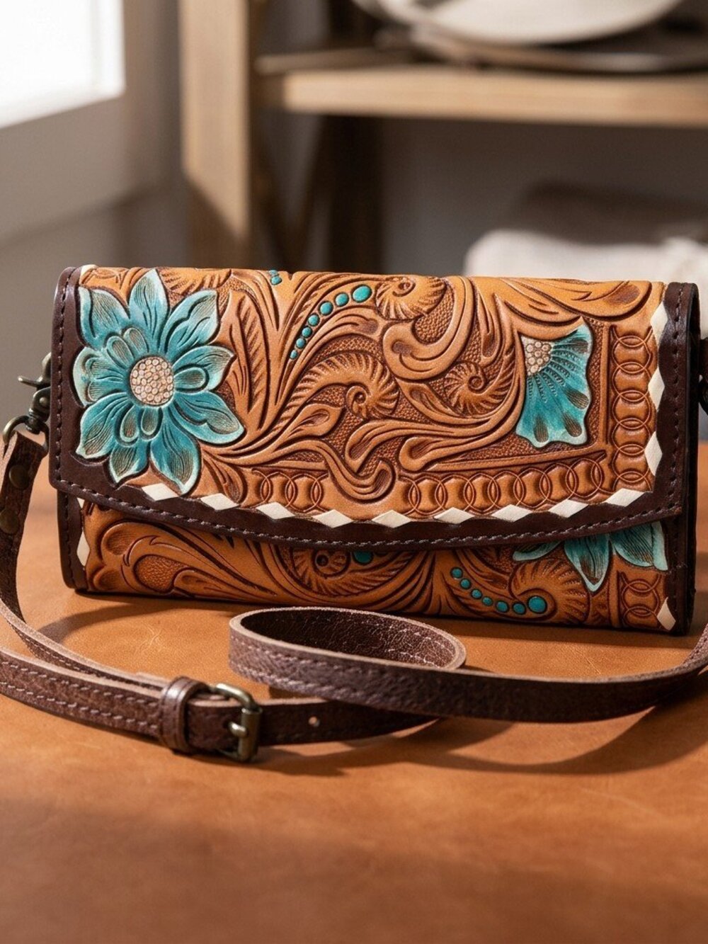 American Darling Tooled Teal/Turquoise Floral Crossbody Wallet